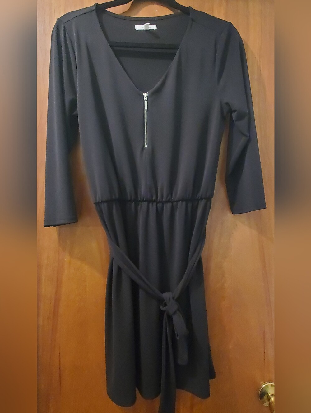 Maurices Black V-Neck Zip Tie-Waist Long Sleeve Dress